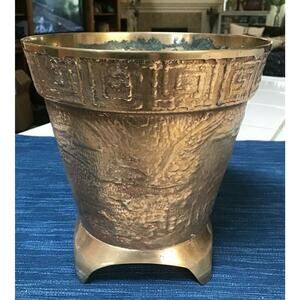Vintage Brass Footed Planter Pot Embossed Round Jardiniere Gold Eagle 7" 660A